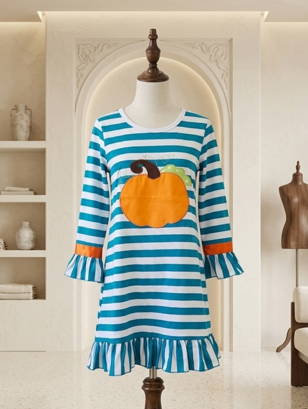Amor Babee Pumpkin Appliqué Dress Turquoise Stripe Ruffle Sz XL (5-6)